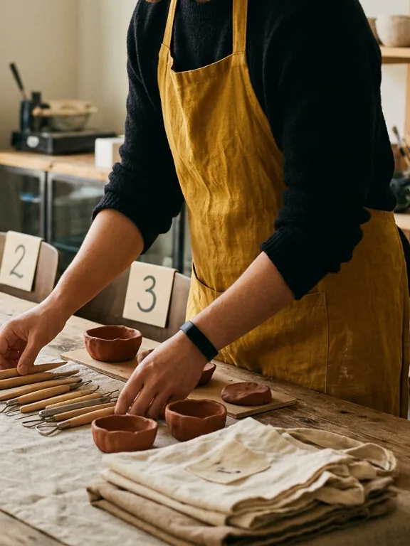 A host laying out clay tools and numbered places before a workshop